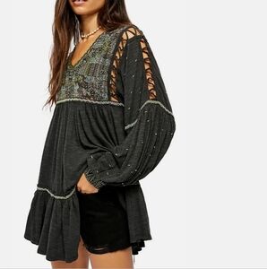 Free People Embroidered Cutout Tunic Mini Dress Washed Black & Green Small